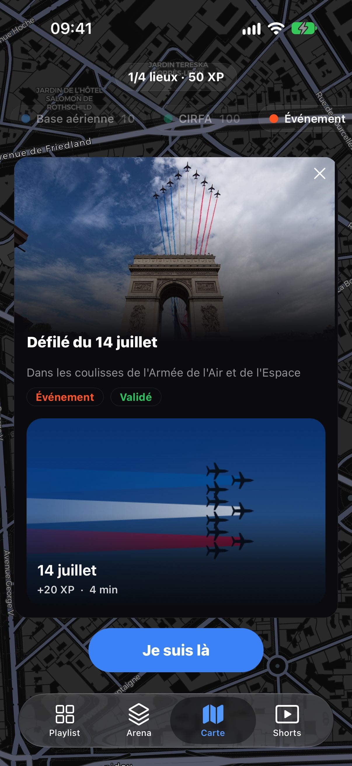 Carte : la fiche du Défilé du 14 juillet, check-in validé et défi associé