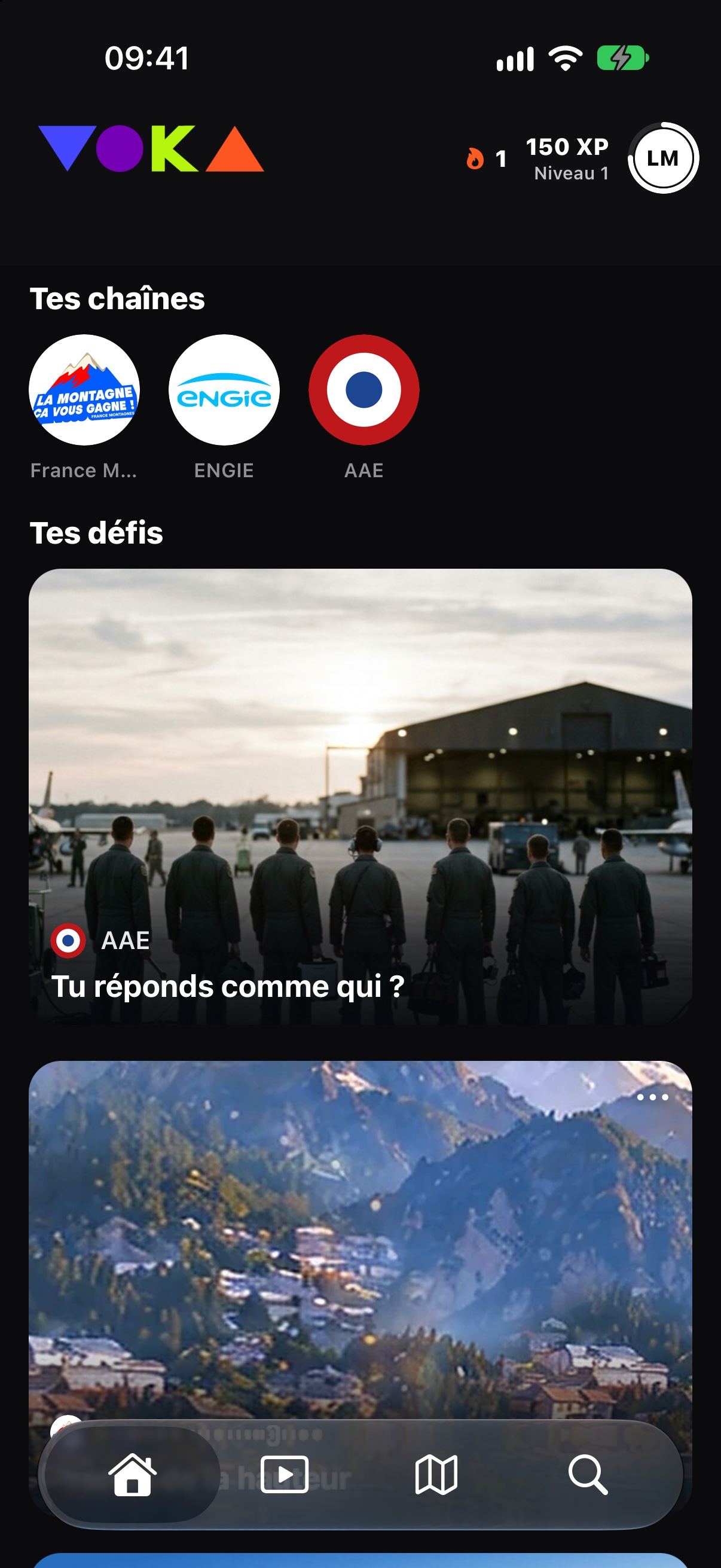 Accueil de l'app VOKA : les chaînes suivies et les défis du moment