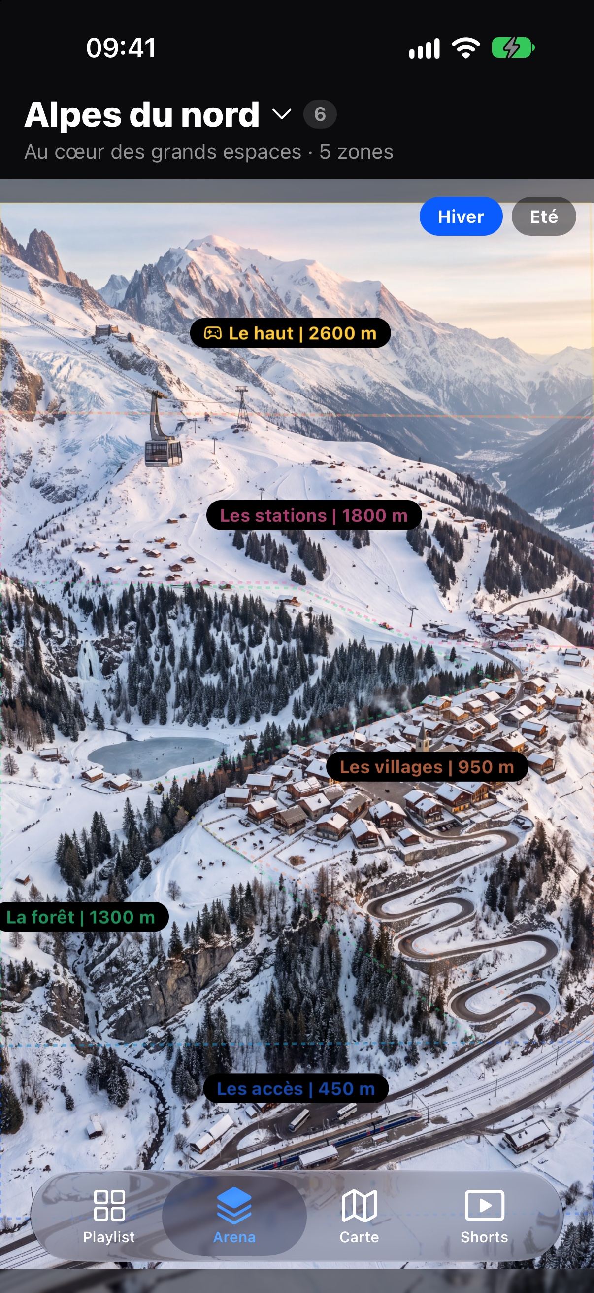 Arena Alpes du nord en hiver : un massif découpé en cinq zones, du village au sommet