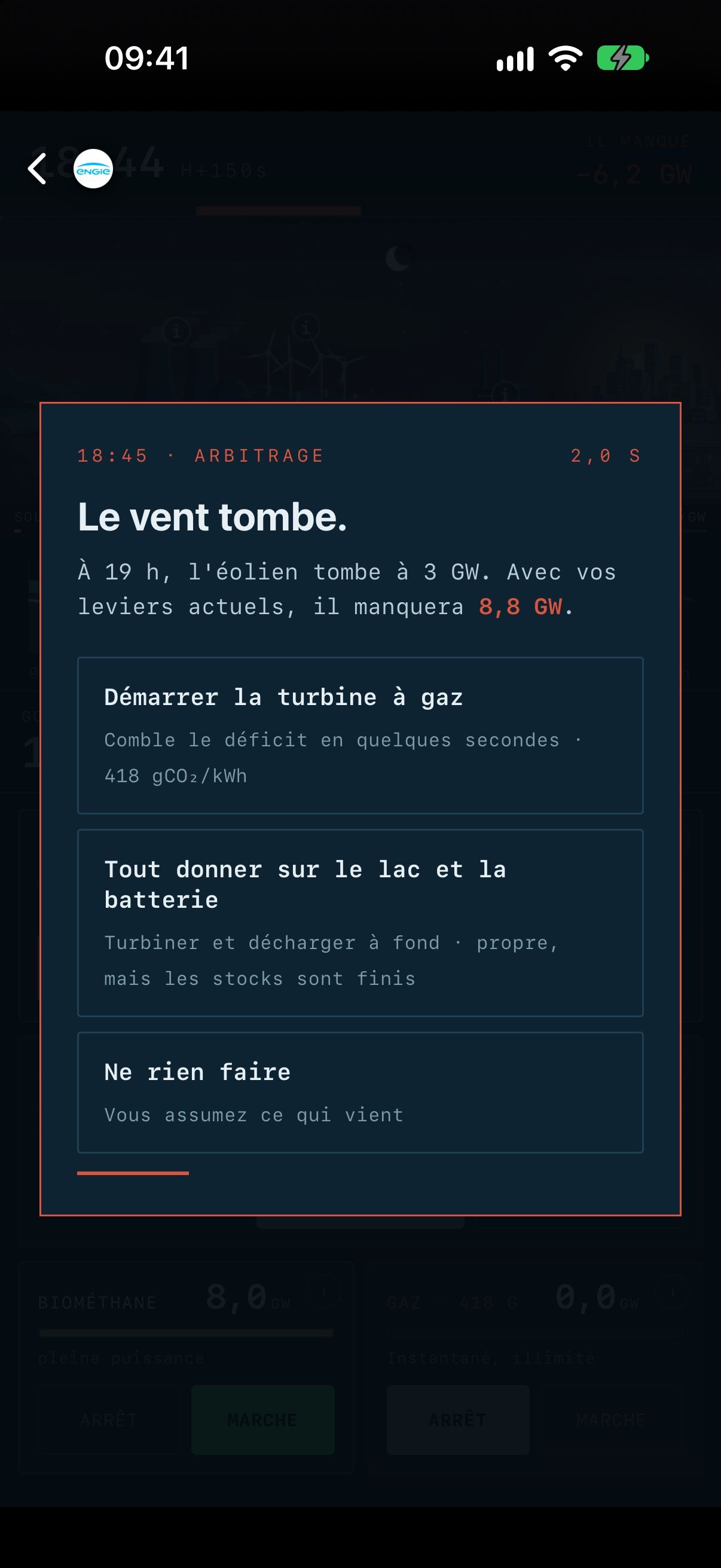 Simulation de réseau électrique : le vent tombe, trois options pour arbitrer